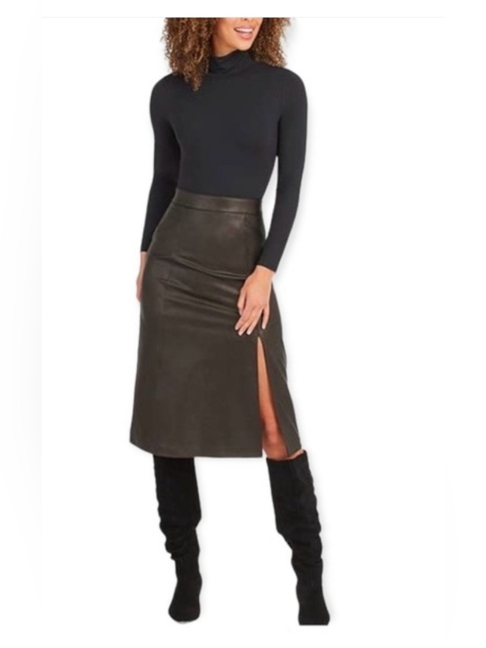 Spanx Faux Leather Pull-On Black Midi Slit Skirt 20321R Women's Size M $148